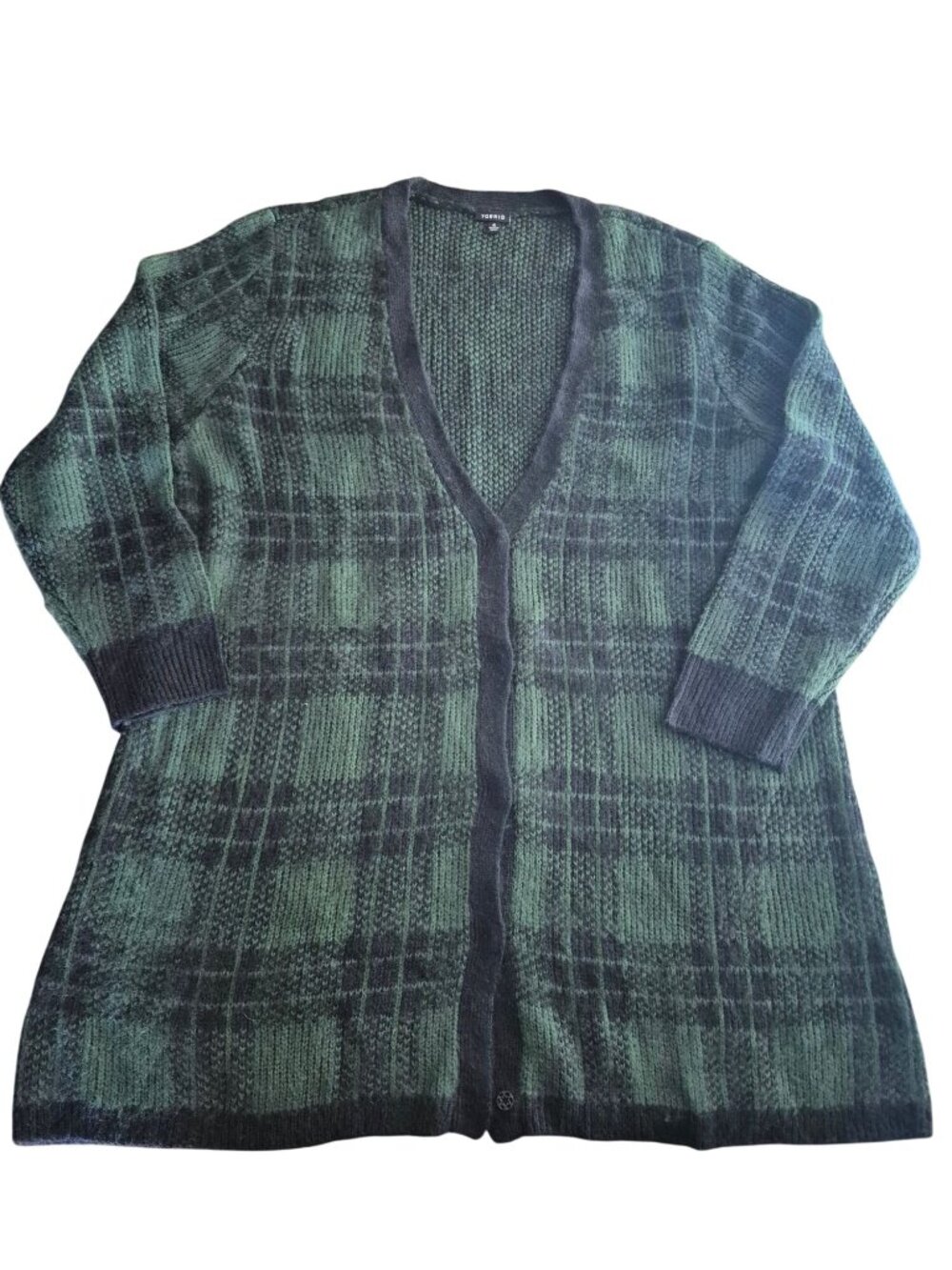 Vintage Torrid Green & Black Plaid Long Cardigan Sweater Size 4X Cabincore Y2K